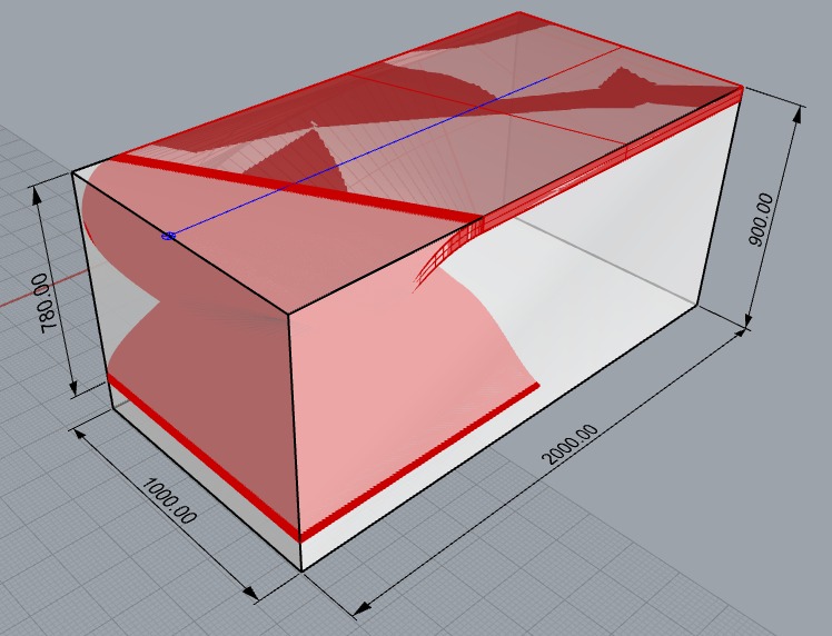 Estudo de desenvolvimento digital do Z-Motion no Rhino, mostrando a geometria escultórica dentro do volume do bloco.